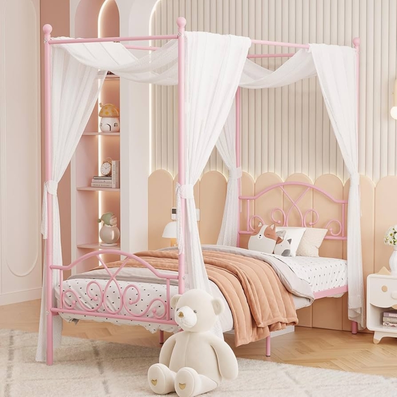 Canopy Bed Metal Frame Scrollwork Sheer Drapes