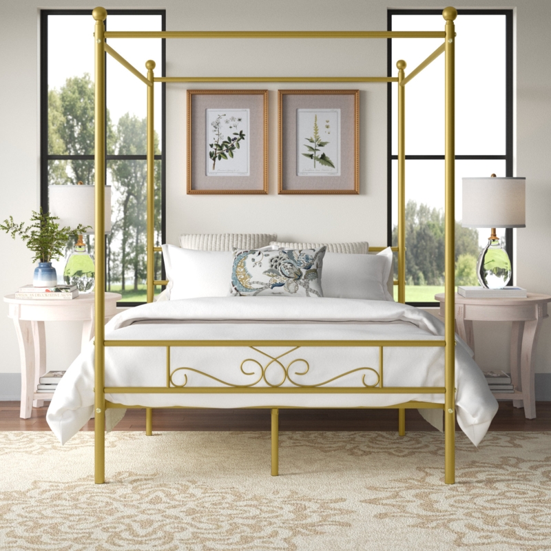 Canopy Bed Metal Scrollwork Footboard Transitional Frame Polished