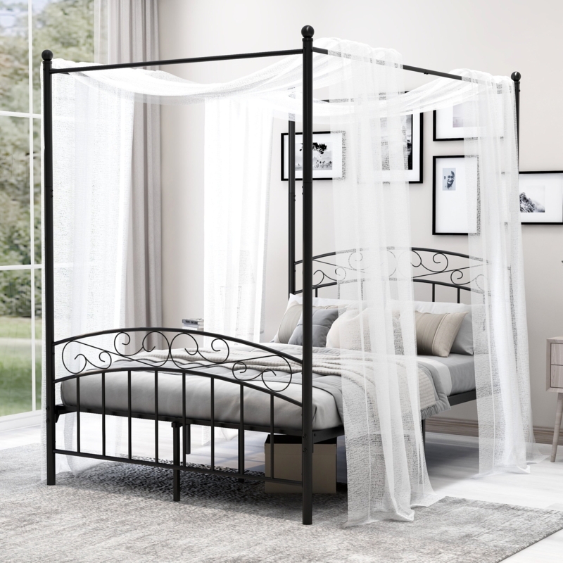 Canopy Bed Metal Scrollwork Frame Sheer Drapes Romantic Style (70 characters)