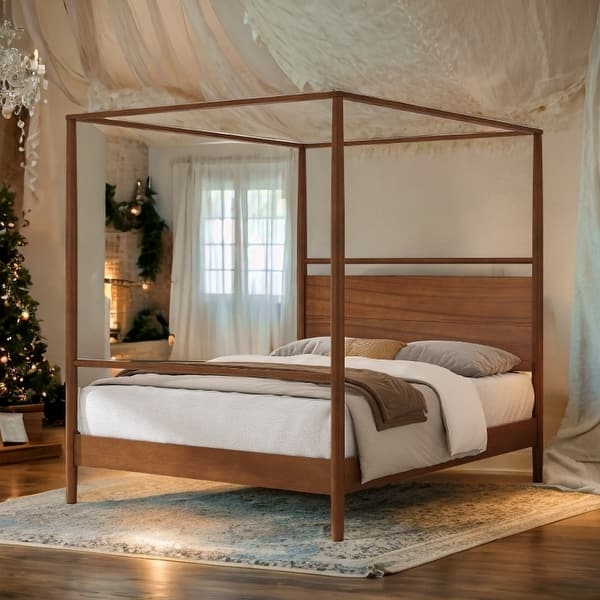 Canopy Bed Mid-Century Silhouette Solid Wood Headboard Warm Tone
