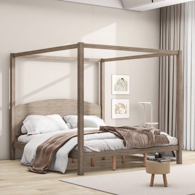 Canopy Bed, Modern Wood with Arched Headboard and Wash Finish