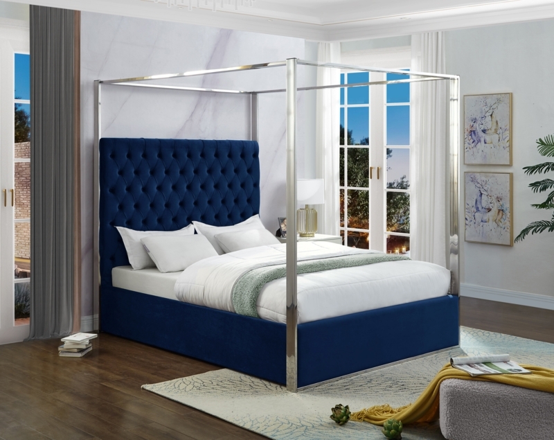 Canopy Bed Navy Velvet Tufted Headboard Modern Glam Bedroom Furniture