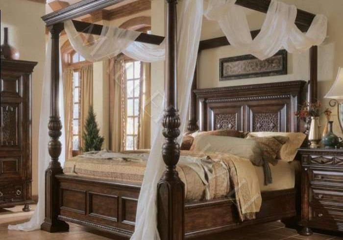 Canopy Bed Ornate Carvings Fabric Draping Traditional Dark Finish