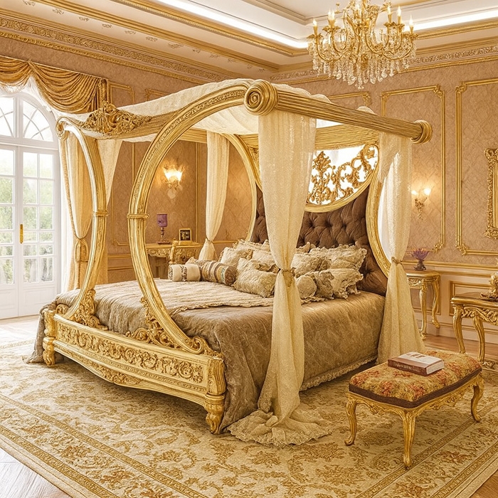 Canopy Bed Ornate Gold with Circular Arches and Gilded Scrollwork