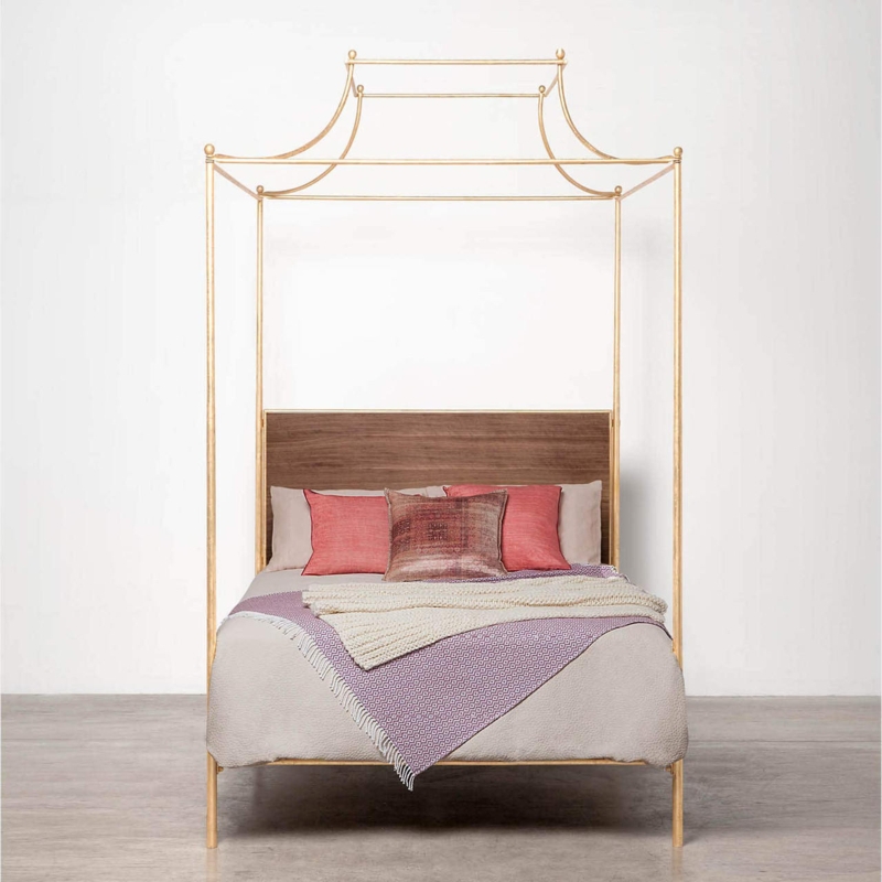Canopy Bed Pagoda Style Distressed Gold Leaf Wood Headboard