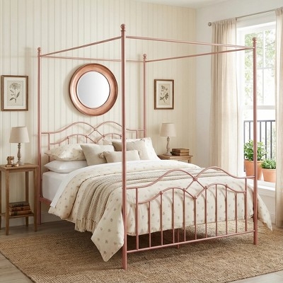 Canopy Bed Pink Metal Frame with Ornate Scrollwork and Heart Motif