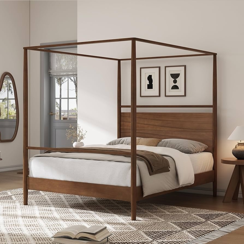 Canopy Bed Plank Headboard Wood Toned Finish Modern Minimalist
