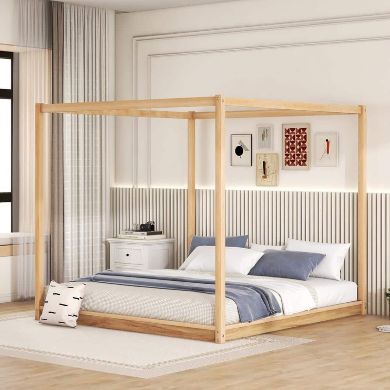 Canopy Bed Platform Base: Scandinavian Minimalist Wood Toned Frame