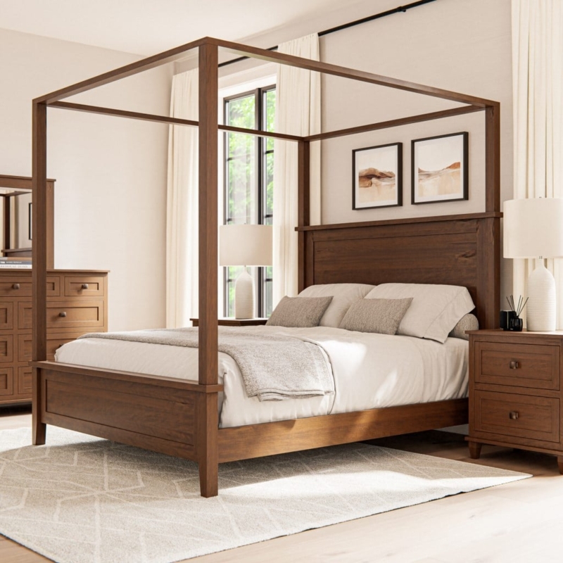 Canopy Bed Rustic Wood Finish Modern Farmhouse Paneled Headboard