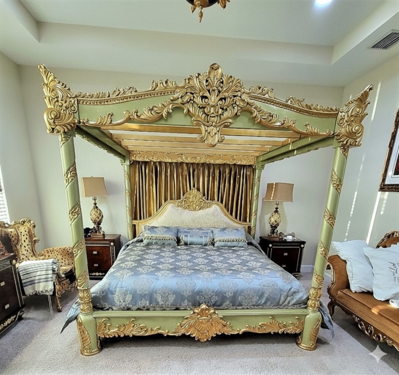 Canopy Bed Sage Green Gold Baroque Carvings Crown Top Ornate