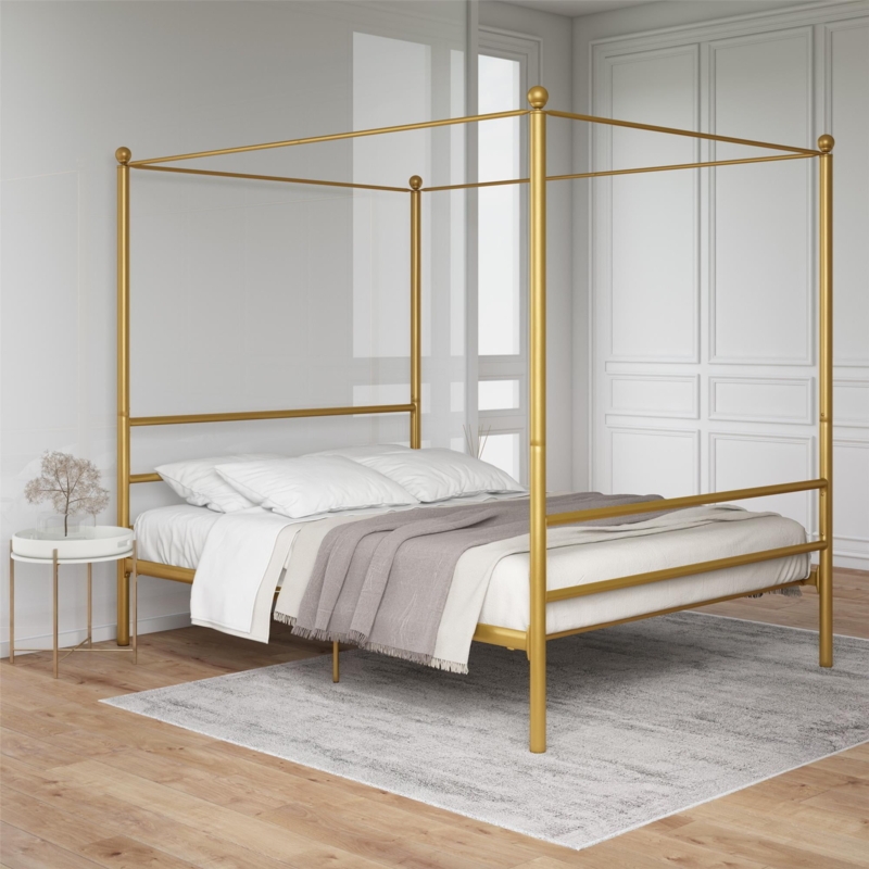 Canopy Bed Satin Gold Metal Spherical Finials Slim Profile Minimalist