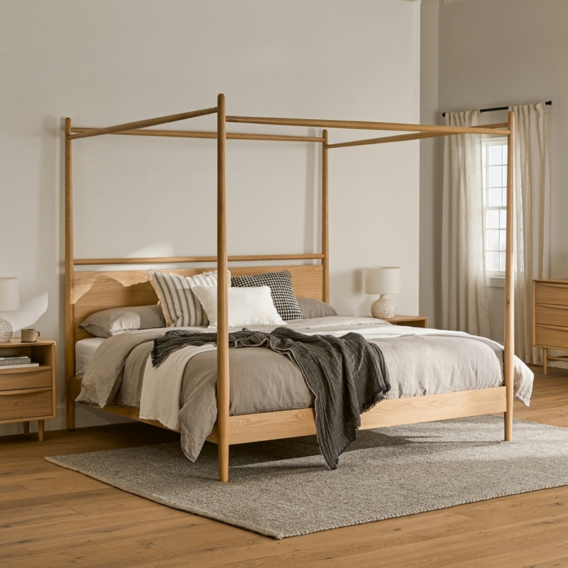 Canopy Bed Slender Frame Tapered Legs, Scandinavian Light Oak