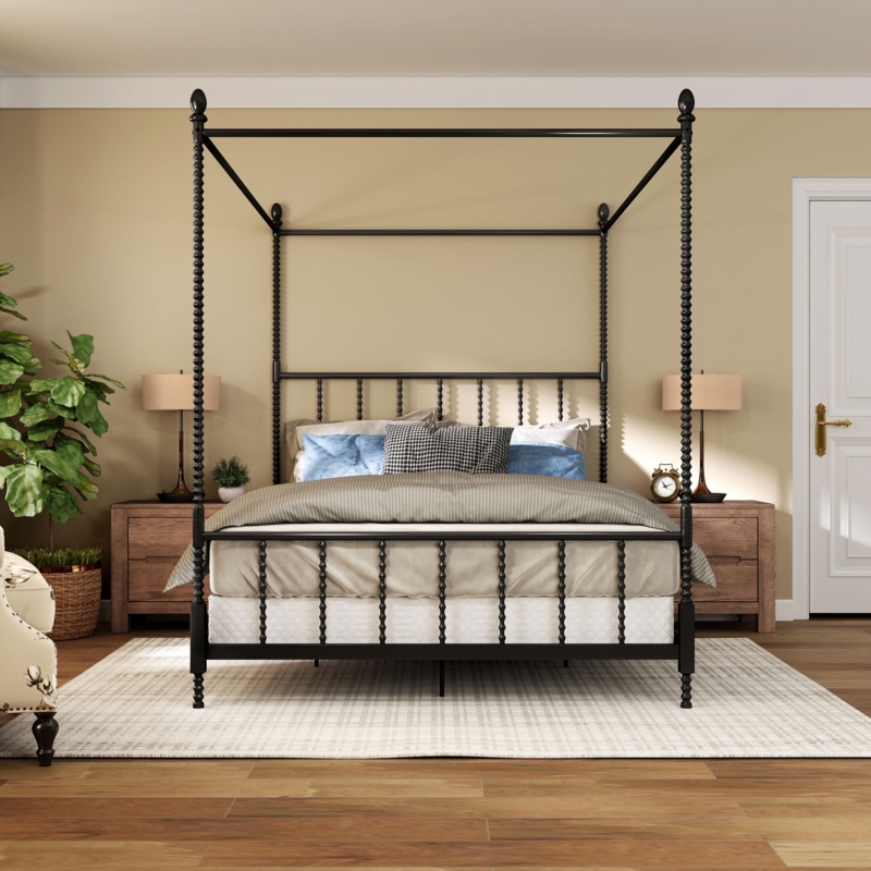 Canopy Bed Spindle Turned Posts Black Metal Low Profile Design