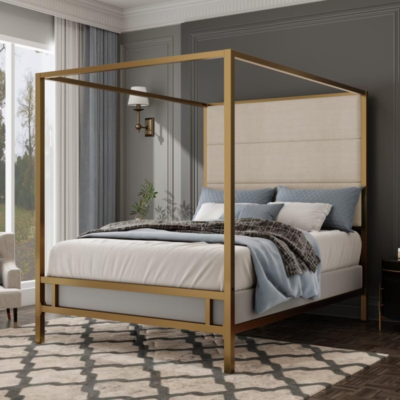 Canopy Bed Tall Fabric Headboard Horizontal Tufting Modern Metal