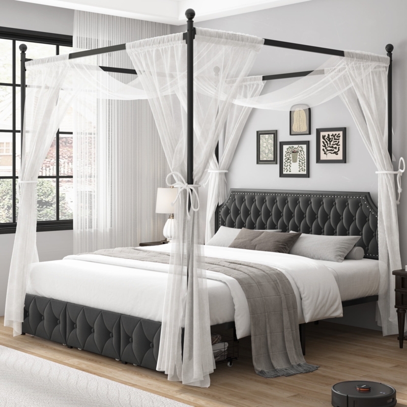 Canopy Bed Tufted Velvet Dark Gray, Sheer Curtains and Storage