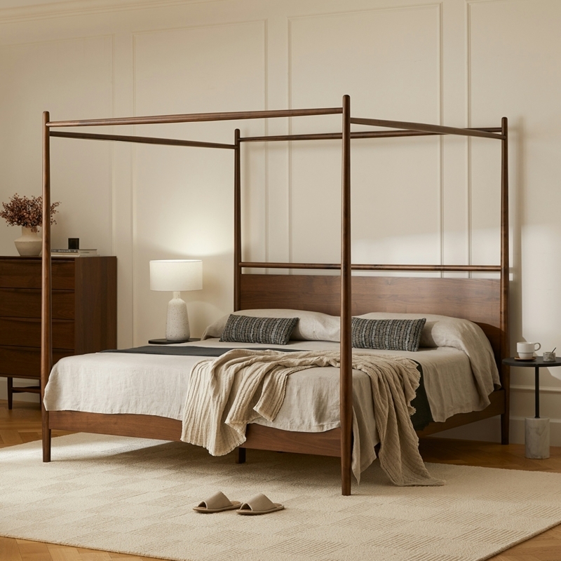 Canopy Bed Walnut Finish Slender Frame Mid-Century Modern Legs