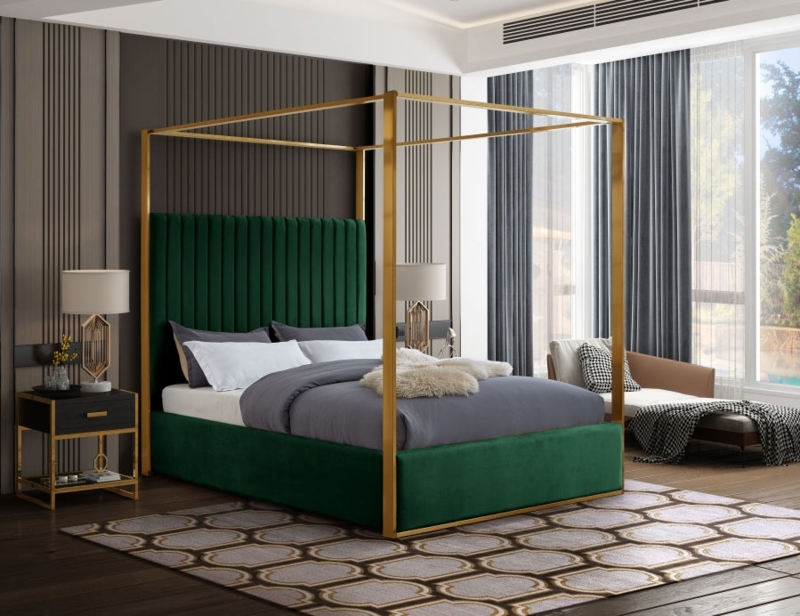 Canopy Bed with Gold Frame and Vertical Channeling Velvet Headboard
