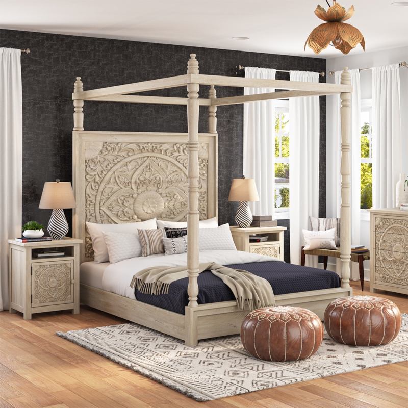 Canopy Bed with Mandala Carved Headboard in Whitewashed Wood, Boho Chic