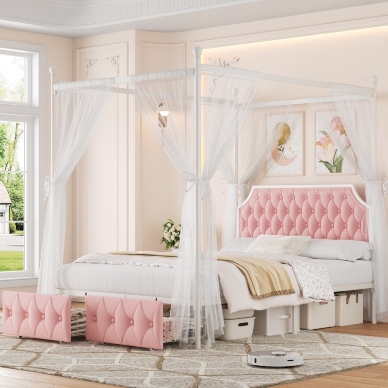Canopy Bed with Pink Tufted Headboard & Storage Drawers