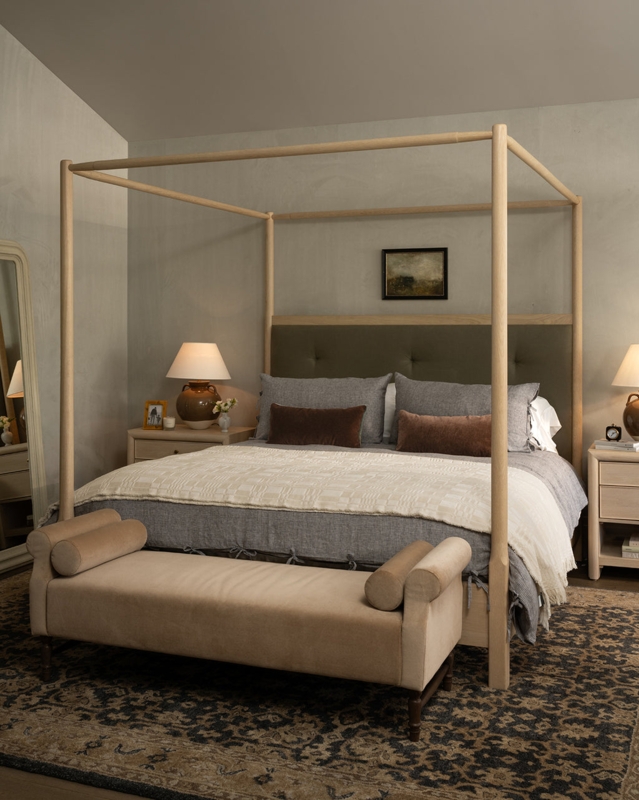Canopy Bed Wooden Frame Tufted Olive Headboard, Transitional Style