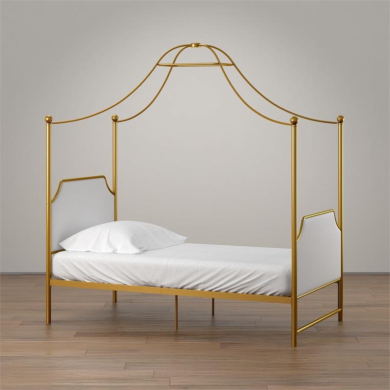 Canopy Twin Bed Arched Metal Frame Upholstered Panels Whimsical