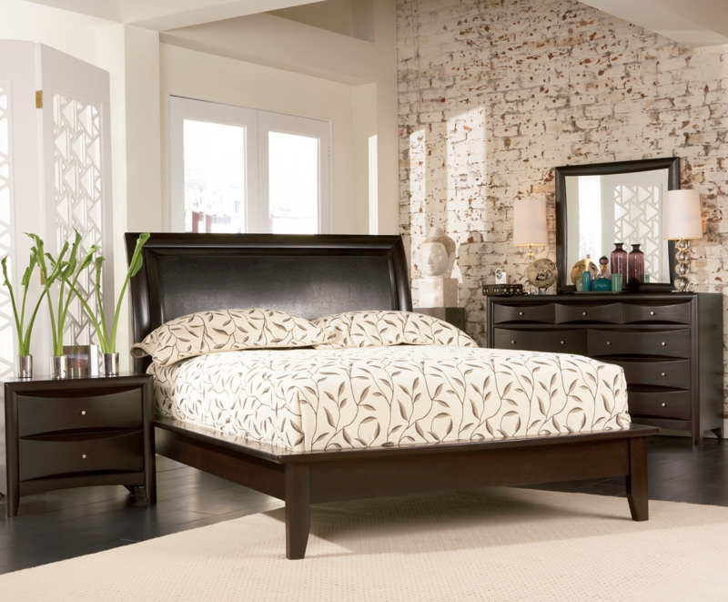 Cappuccino Platform Bed with Padded Faux Leather Panel Headboard