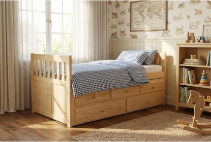 Captains Bed in Natural Pine Tone with Slat Silhouette and Drawers