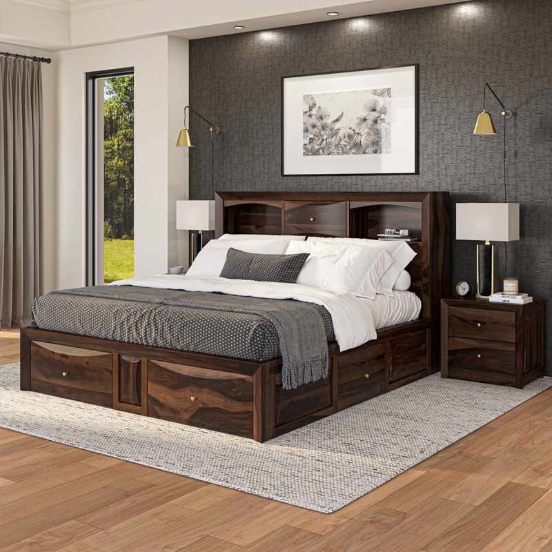 Captains Storage Bed Dark Walnut Wood Bookshelf Headboard Base Drawers