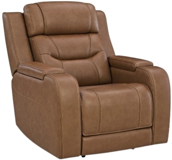 Caramel Power Recliner with Storage Armrests and Padded Headrest