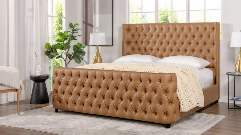 Caramel Wingback Upholstered Bed with Deep Diamond Tufting