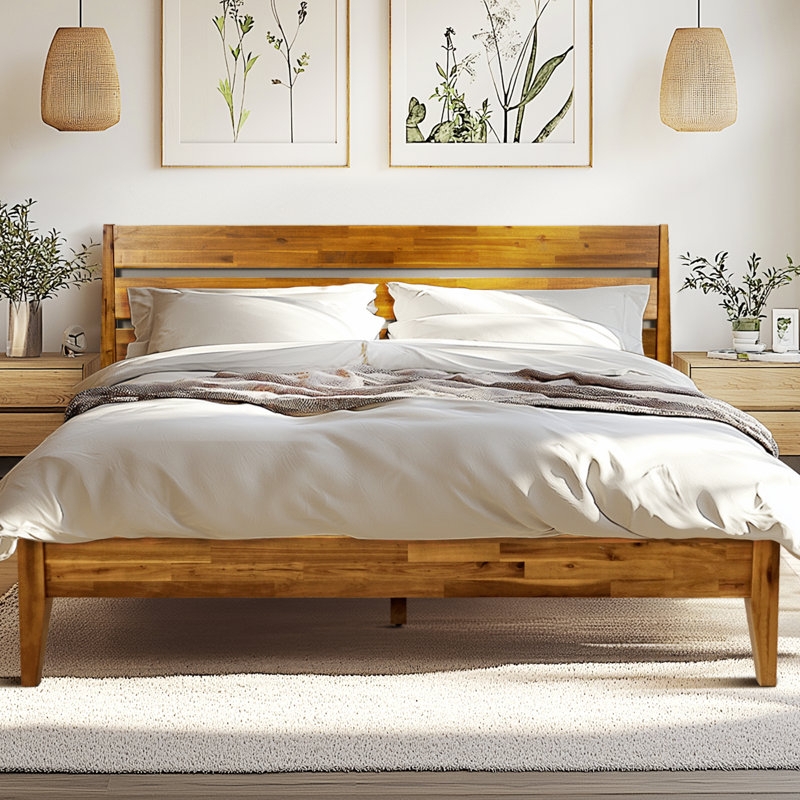 Caramel Wood Bed Slatted Headboard Tapered Legs Organic Modern
