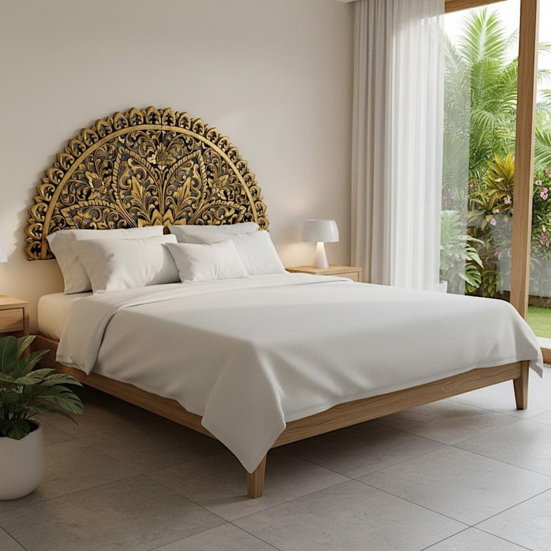 Carved Half-Moon Headboard with Antique Gold Finish