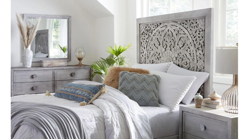 Carved Mandala Headboard Bed with Grey Wash Finish