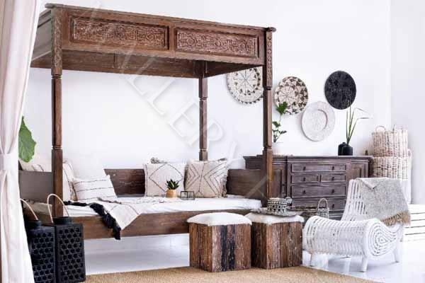 Carved Wood Canopy Bed with Heavy Top and Global Eclectic Aesthetic
