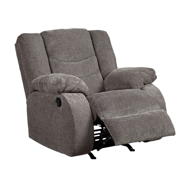 Casual Fabric Rocker Recliner with Segmented Back and Pillow Arms