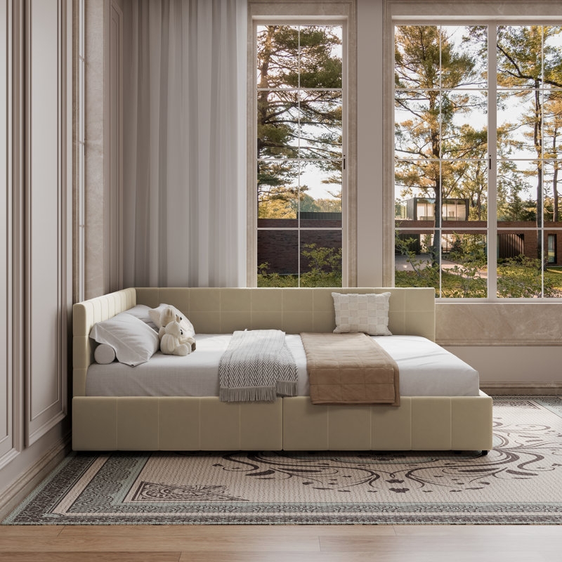 Channel Tufted Daybed, Cream Upholstered, Integrated Drawers