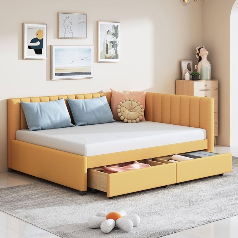 Channel Tufted Daybed, Yellow Upholstery, L-Shaped with Drawers