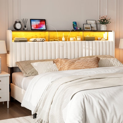 Channel Tufted Headboard White Velvet-like with Integrated Lighting