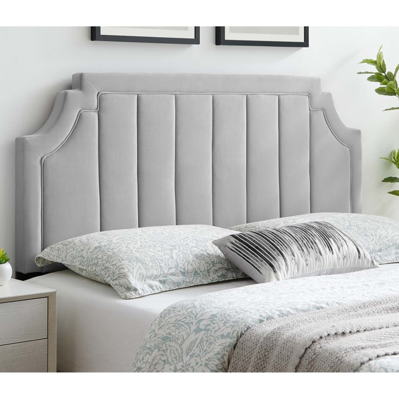 Channel Tufted Headboard with Stepped Silhouette Light Grey Velvet