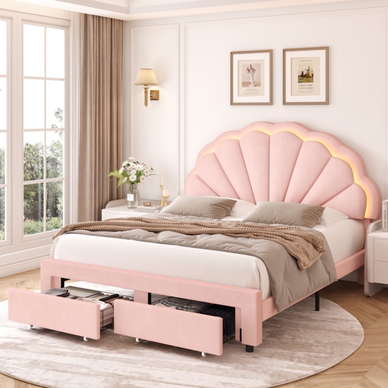 Channel Tufted Shell Bed Frame with Integrated Storage Drawers