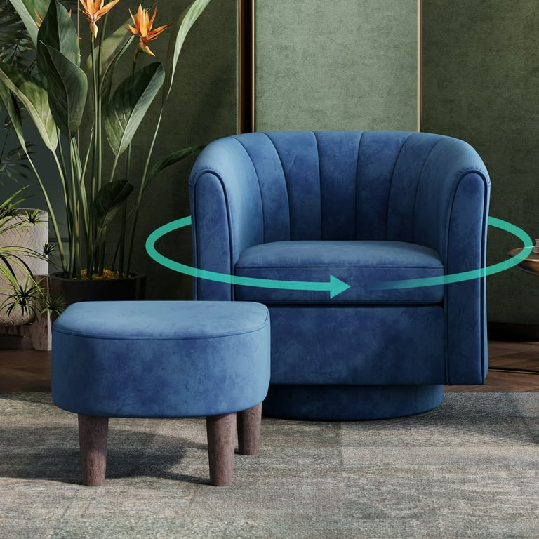 Channel Tufted Swivel Chair, Blue Velvet Barrel Set with Ottoman