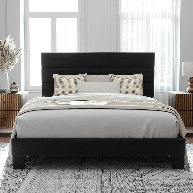 Channeled Headboard Platform Bed in Black Velvet with Tapered Legs