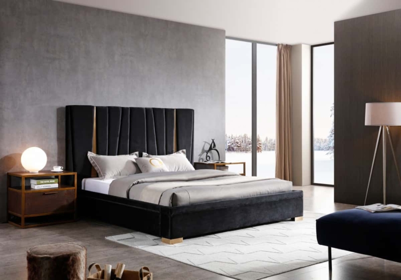 Channeled Platform Bed Vertical Gold Brass Inlays Velvet