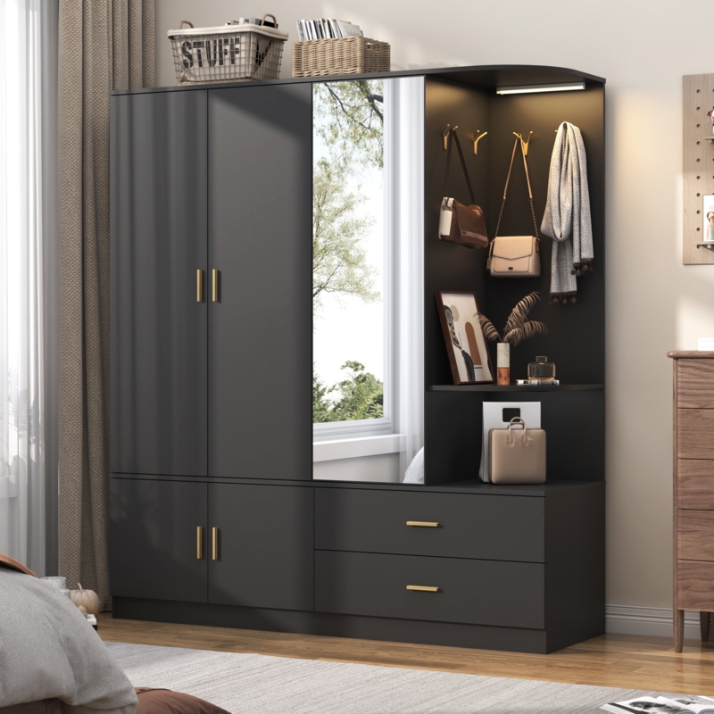 Charcoal Armoire with Integrated Sensor Light and Mirror Door