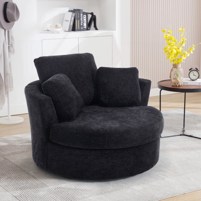 Charcoal Chenille Swivel Barrel Chair with Oversized Seat and Pillows