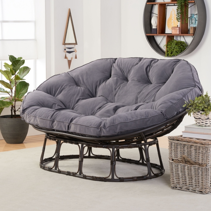 Charcoal Double Papasan Chair with Tufted Cushion and Dark Woven Base
