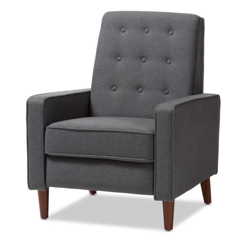 Charcoal Fabric Recliner with Button Tufting and Tapered Wood Legs