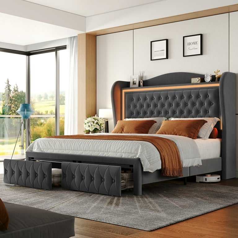 Charcoal Gray Bed Frame with LED Backlit Headboard and Tufted Storage