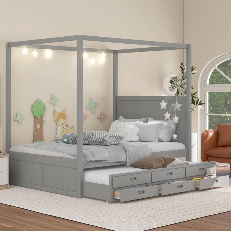 Charcoal Gray Canopy Captain's Bed with Trundle Drawers