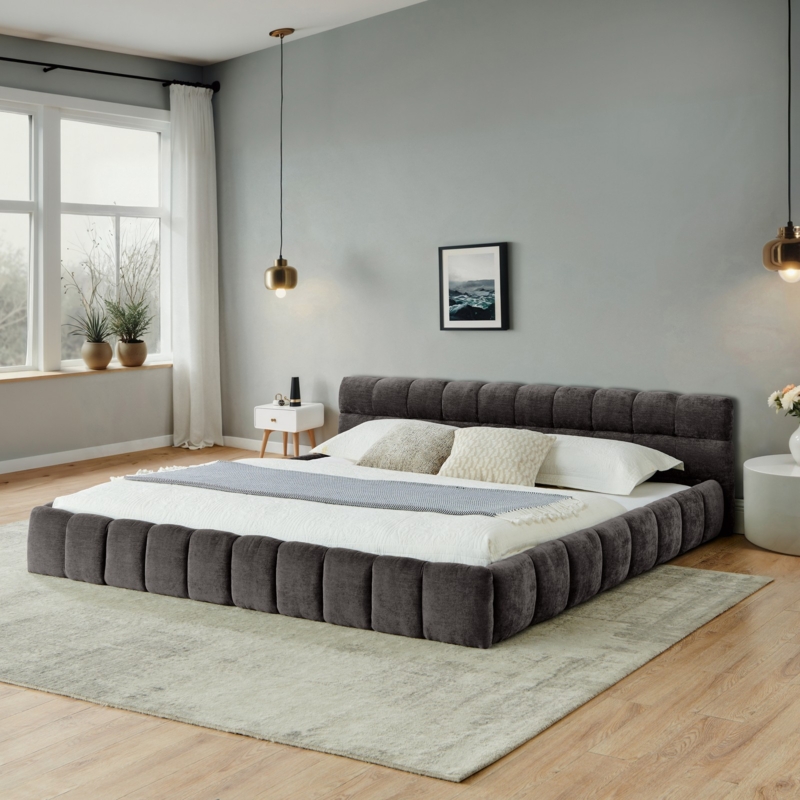 Charcoal Gray Channel Tufted Platform Bed, Low Profile Frame